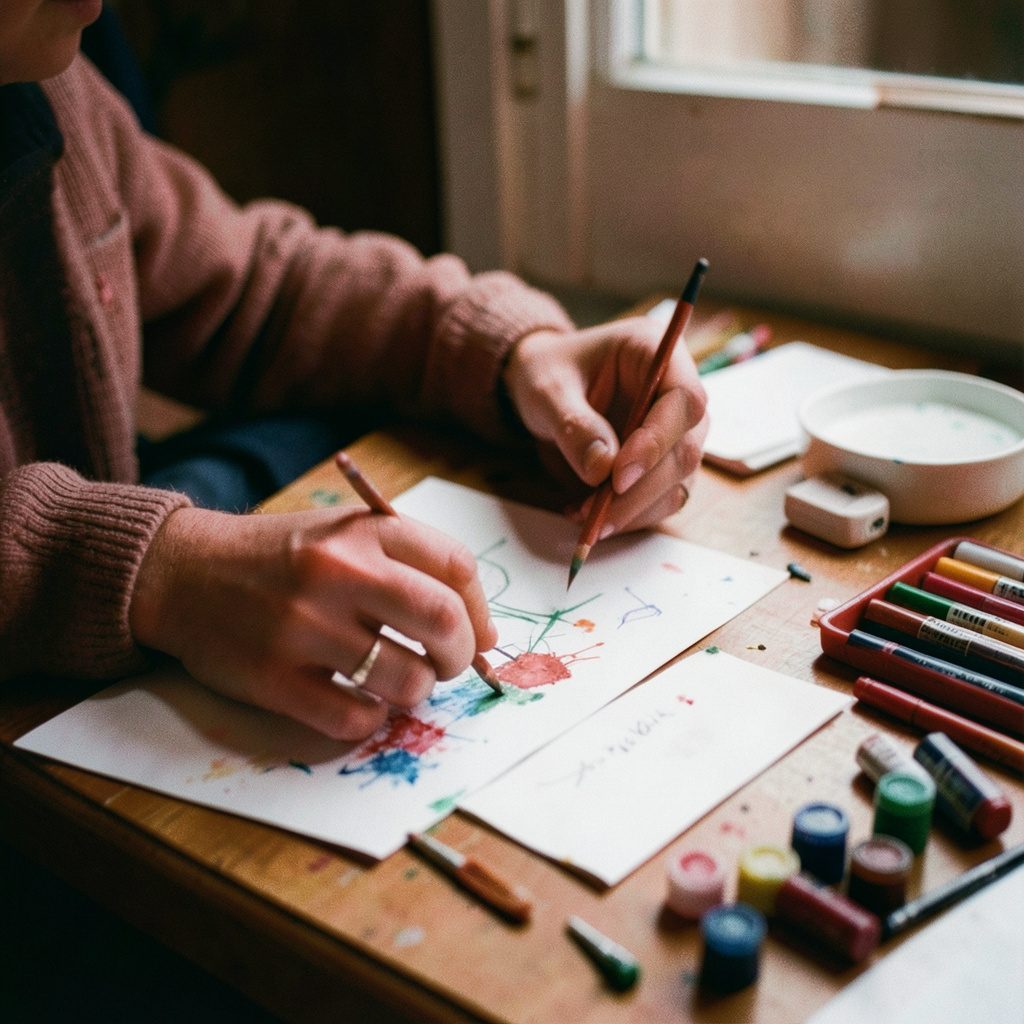 Assorted Bible journaling art supplies spread across a wooden table