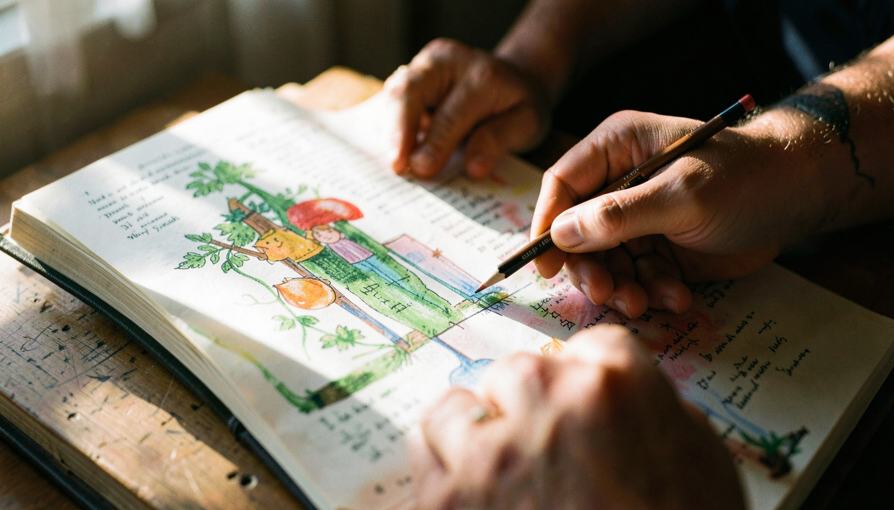 A close-up photograph of hands coloring an open Bible page with colored pencils, warm natural light falling across the paper, rich greens and oranges visible in the illustrations