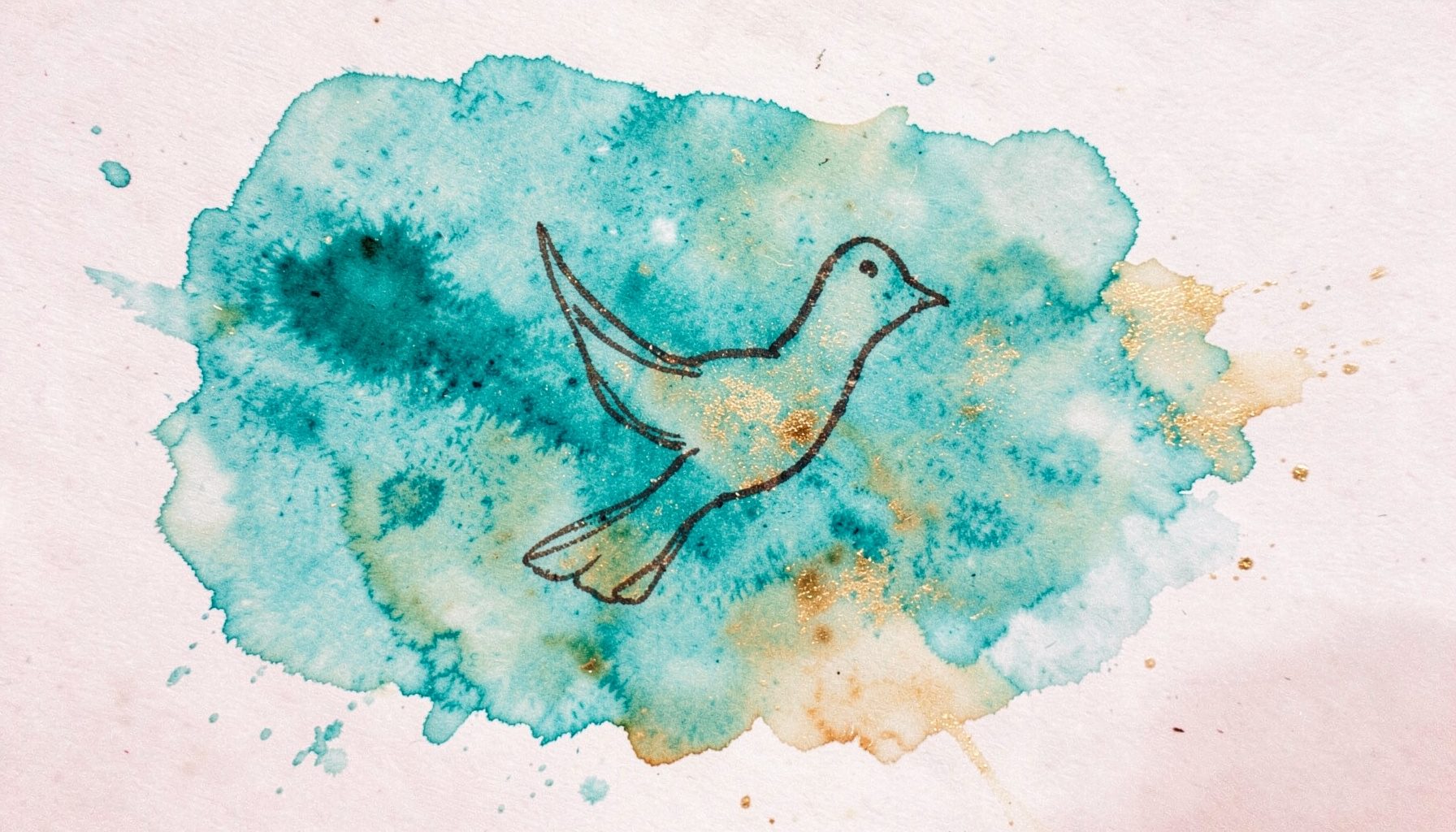 An abstract watercolor wash in teal and gold with a hand-drawn dove silhouette at center