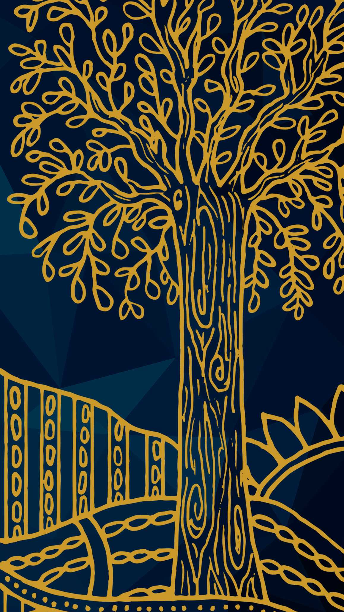 A gold line-art tree with decorative patterned ground on a deep navy geometric background