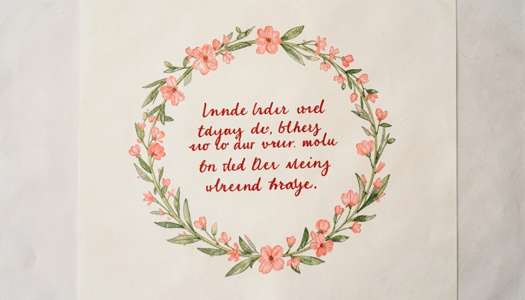 A hand-drawn floral wreath in soft coral and olive green encircling a hand-lettered verse on a cream background